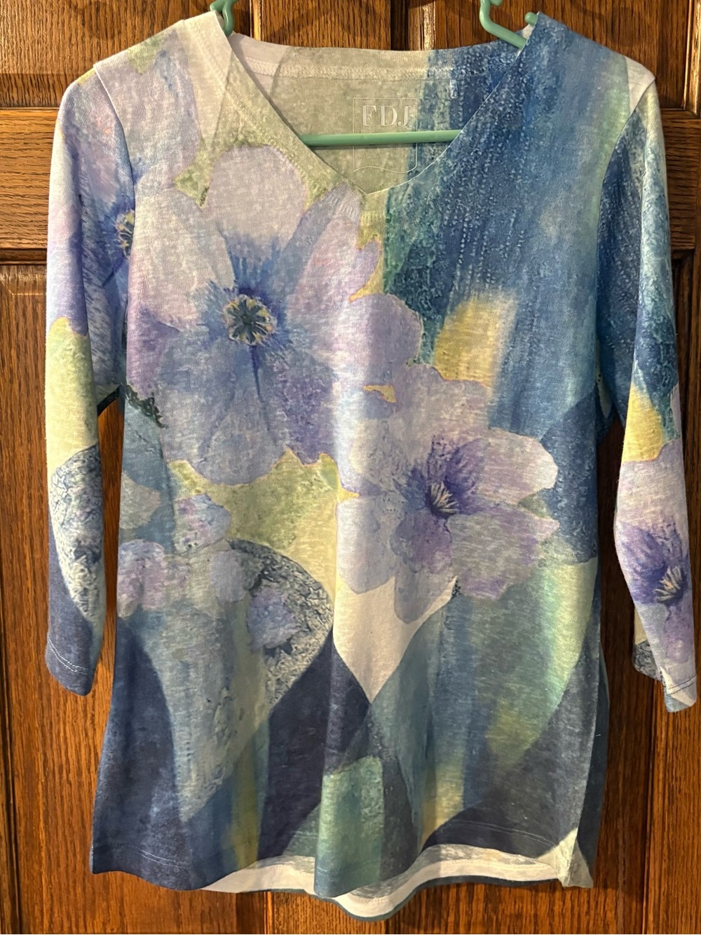 Blue Floral V-Neck Women's Blouse by F.D.K.